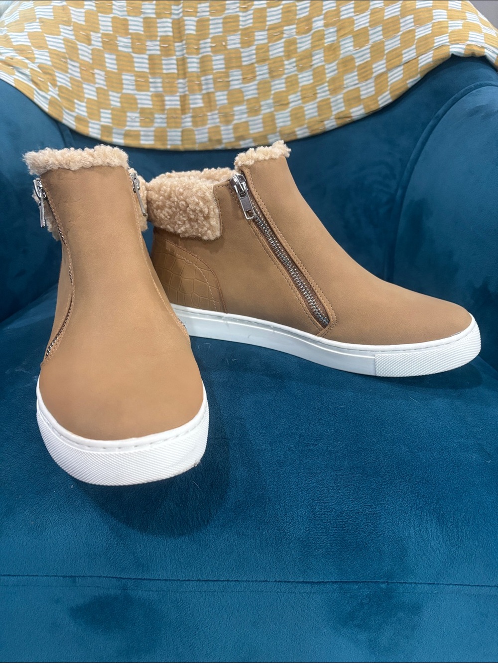 Dolce Vita Tan Faux-Shearling Zip Ankle Sneakers
